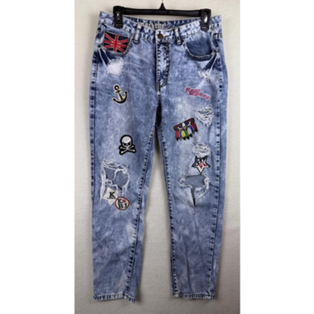 Machine Jeans Womens 30 Acid Wash Distressed Embroidered Patch Ripped Denim